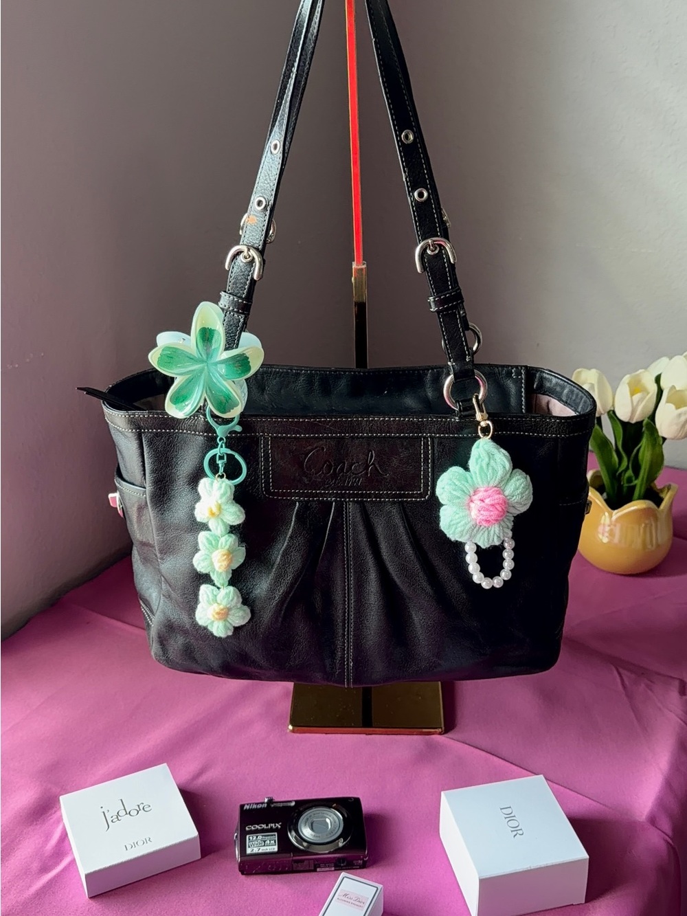 Coach Black Leather Shoulder Bag with Mint Floral Charms